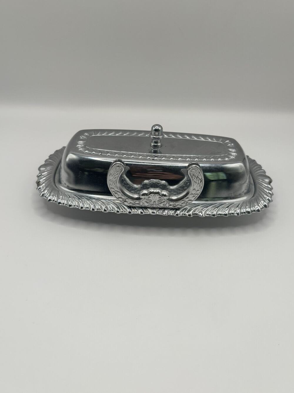 Vintage Irvinware Chrome Covered Butter Dish USA Glass Insert Ornate Handles